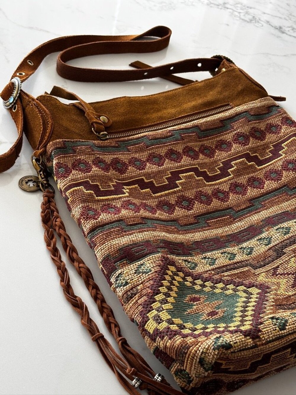Lucky Brand Crossbody Bag Boho Tapestry Leather Strap Western Style Purse